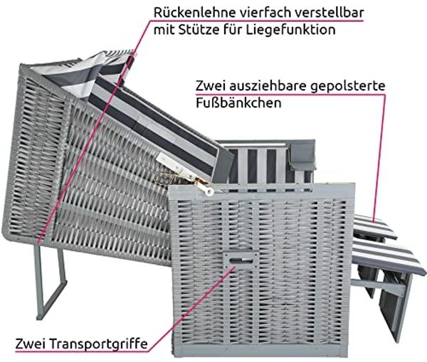 tectake Strandkorb 2-Sitzer mit Polster, verstellbar, inkl. Schutzhülle, gepolstert mit ausziehbaren Fußbänkchen Bild 5