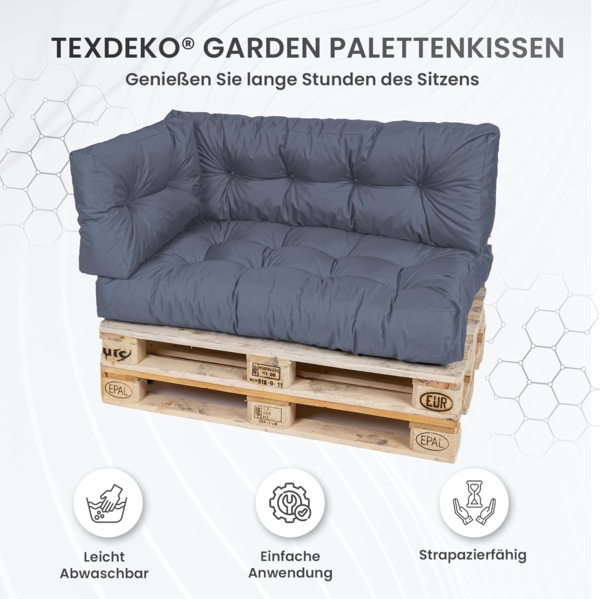 TexDeko® Garden Palettenkissen wasserabweisend UV - beständig Premium Sitzkissen gesteppt 120 x 50 x 18 cm Palettenauflage für Europaletten Palettenmöbel Palettenpolster (Grau) Bild 2
