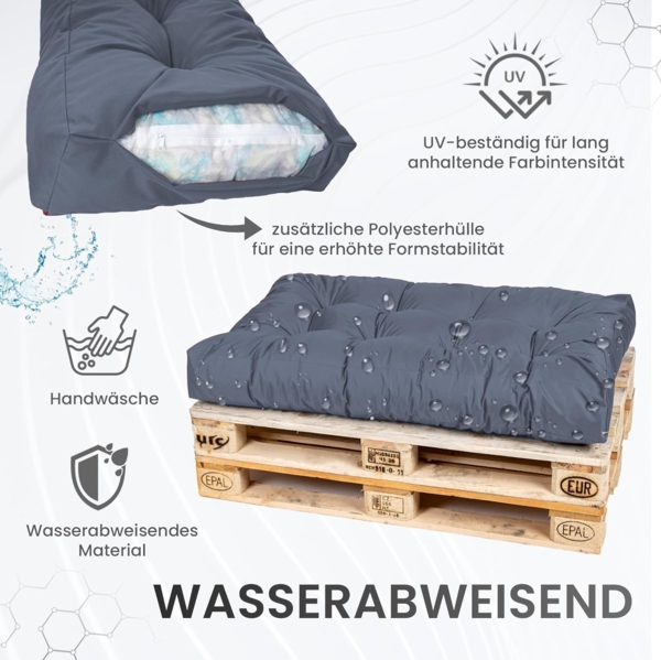 TexDeko® Garden Palettenkissen wasserabweisend UV - beständig Premium Sitzkissen gesteppt 120 x 50 x 18 cm Palettenauflage für Europaletten Palettenmöbel Palettenpolster (Grau) Bild 4