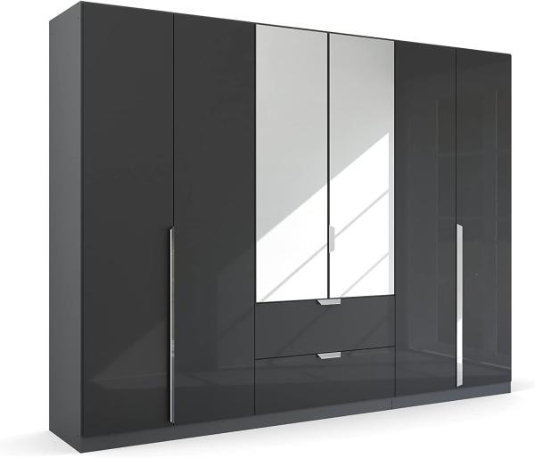 Kleiderschrank Drehtürenschrank Glamour | 6-türig | mit Spiegeltüren & Schubkästen | effektgrau Hochglanz / grau metallic | 271x210