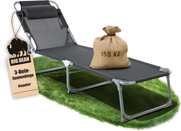 BigDean Sonnenliege klappbar mit Kopfkissen extra hoch dunkelgrau 150 kg belastbar - hochwertige Gartenliege für Balkon, Garten & Strand