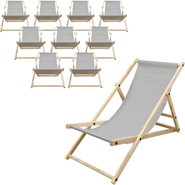 ECD Germany 10er Set Liegestuhl klappbar, Hellgrau, Holz, verstellbare Rückenlehne, 3 Positionen, bis 120kg, Sonnenliege Gartenliege Strandliege Strandstuhl Holzklappstuhl, für Garten, Balkon & Strand