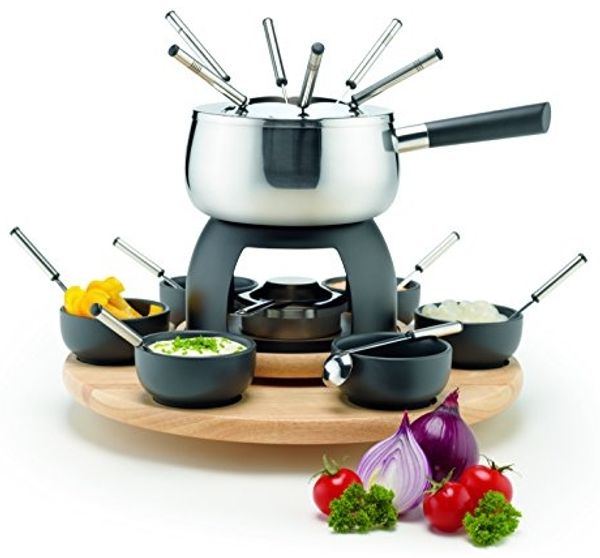 Fondue-Set 23-tlg, Edelstahl Fonduetopf inklusive Spritzschutz, Rechaud, Drehkarussell aus Holz, Fonduegabeln, Schälchen in mattschwarz