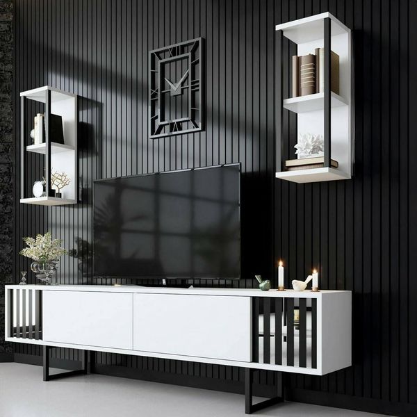 Dmora - Fernsehschrank Ananke, Ständer für Wohnzimmerfernseher, Niedriges Wohnzimmer-Sideboard, TV-Ständerbasis, 180x30h48 cm, Weiß und Schwarz