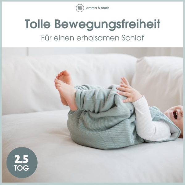emma & noah Premium Baby Schlafsack mit Füßen Ganzjahr, Bequem & Atmungsaktiv, 100% Bio-Baumwolle, Oeko-TEX Zertifiziert, Flauschig, Bewegungsfreiheit, 2.5 TOG (Leo Grau, 70 cm) Bild 4