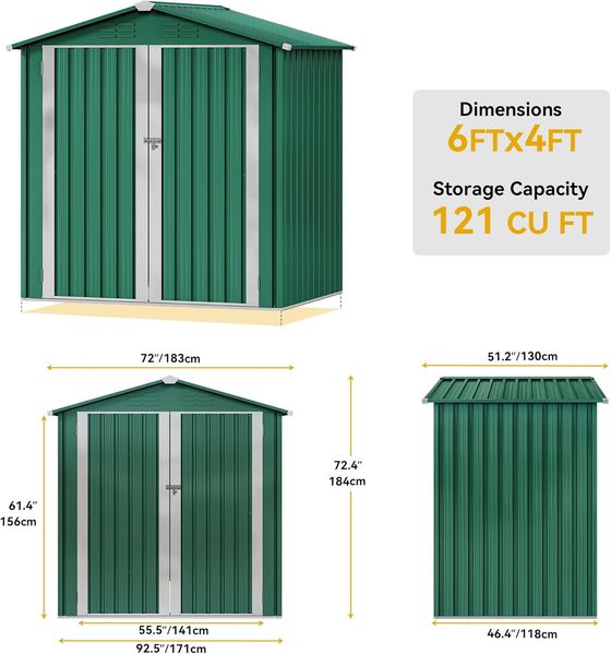 YITAHOME Gartenhaus, abschließbar, verzinktes Metall, Outdoor-Schuppen, wasserdicht, mit 4 Lüftungsschlitzen für Fahrrad, Werkzeug, Rasenmäher, Grün, 171 x 118 x 184 cm Bild 3