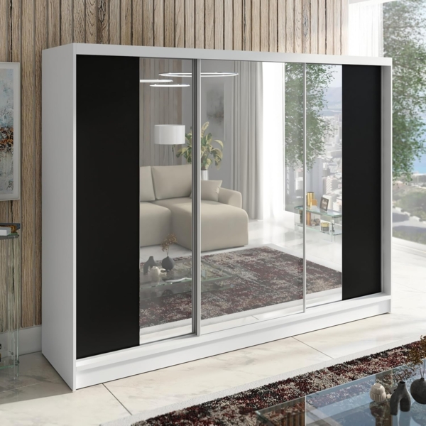 Schwebetürenschrank VENA 3-türig Schrank 200 cm (mit Spiegel) Farbe: Weiß , Schwarz