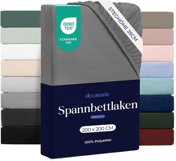 Dreamzie Spannbetttlaken 200x200 cm - Hoher Steg bis 33 cm - 100% Mikrofaser - Anthrazit - Schadstoffgeprüft (Oeko TEX), Bettlaken mit Gummizug