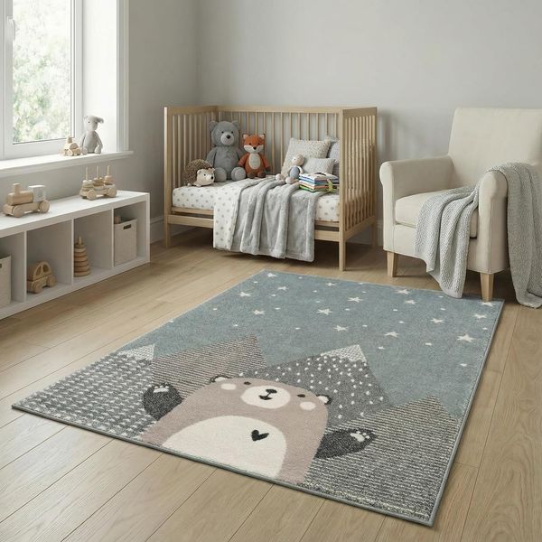 Teppich Kinderzimmer - Teppiche für Kinderzimmer, Kinderteppich Junge, Kinderteppich mit Bergen, Bär, Panda, Sterne, (Türkis-Beige, Größe: 160x230 cm)