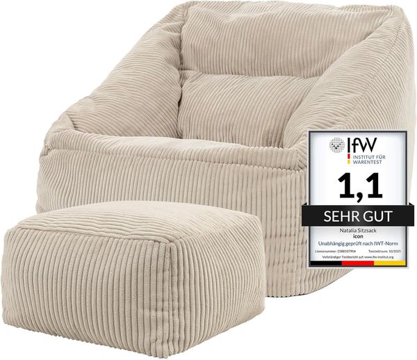 Icon 'Morgan' Sitzsack mit Hocker, Flauschig, Cord, Beige, 100 x 88 x 80 cm