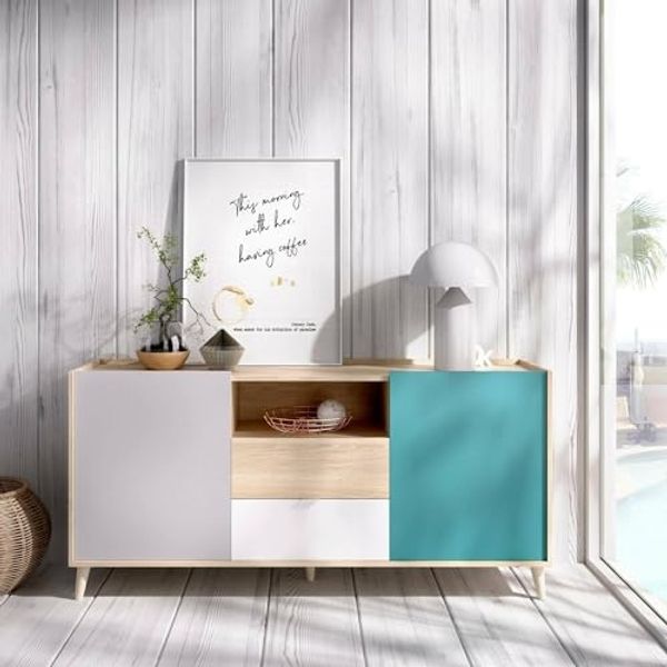 Dmora Rainier, Sideboard für Wohnzimmer, modernes Sideboard, 2 Türen, 155 x 43 x 75 cm, Weiß und Eiche