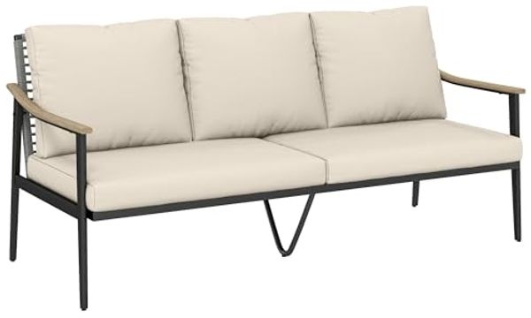 Outsunny Gartensofa mit abnehmbar Kissen, Holzoptik-Armlehnen, Stahlrahmen, Gartenbank 1 Teile, für Garten Terrasse Khaki
