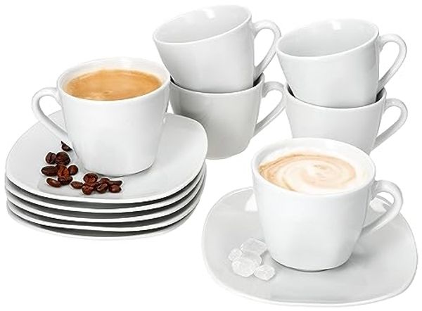 MamboCat Tasse 6er Set Lotta Kaffeetassen mit Untertassen 6 Personen weiß Porzellan, Porzellan