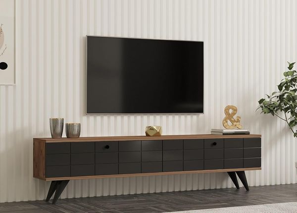 Hanah Home Stylish TV Stand with Solid Wood Door, Atlantic Pine & Antracite, 160 cm | 100% Melamine Coated, 18 mm Thick, Plastic Legs, Multiple Shelves, Extra Storage