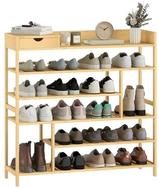 HOMCOM Schuhregal mit 6 Ebenen, Schublade aus Bambus, für max. 18 Paar Schuhe, Schuhständer 1-tlg, für Eingang, Schlafzimmer, 101 x 30 x 100 cm, Natur