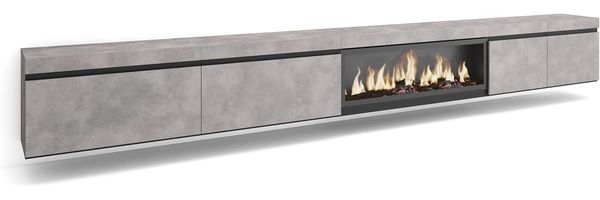 Skraut Home | TV-Schrank, Lowboard | für Wohnzimmer und Esszimmer | 368 x 45 x 35 | Elektrokamin XXL | Hängend | Moderner Stil | Zement