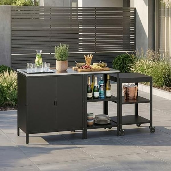 Outdoorset Bolognano Standregal Schrank und Servierwagen Schwarz, matt [casa. pro]