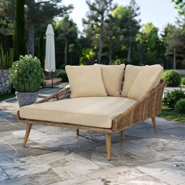 Wohnando Gartenliege Gartensofa "Nia" Loungesofa, helles Rattan 114x162x71cm (BxTxH), 1 St, mit Auflage und Kissen creme beige, Gartensonnenliege, Gartenmöbel