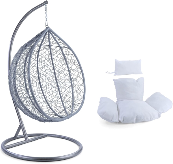 Luxus Hängesessel Miami XXL Polyrattan Korb hellgrau Gestell silber Kissen weiß