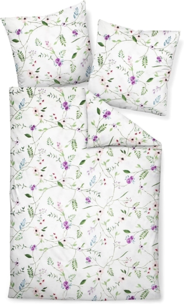 Janine Moments Mako-Satin Bettwäsche 135x200 Blütenranke weiß rosa grün Blätter 98103-01