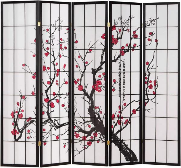 Homestyle4u Paravent 5-tlg., Kirschblütenzweige, Kiefernholz schwarz / Reispapier weiß, 220x179 cm