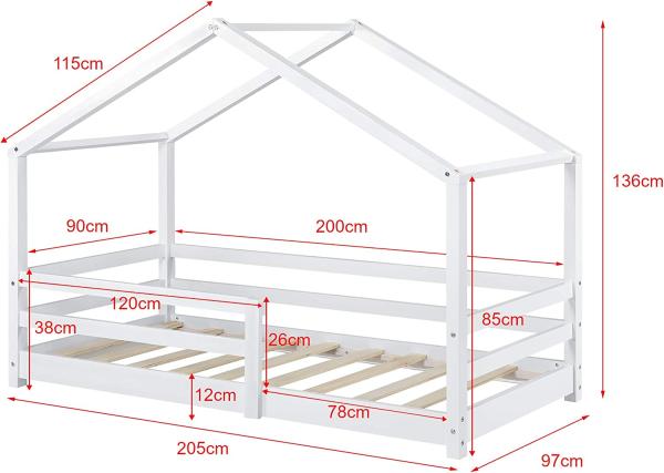 en.casa Hausbett 90x200 cm Weiß, inkl. Lattenrost und Rausfallschutz Bild 2