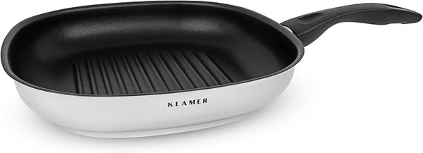 KLAMER Grillpfanne 28cm, antihaftbeschichtete Induktions-Pfannne, 28cm Viereckpfanne, St…, Edelstahl, Spülmaschinenfest, für alle Herdarten