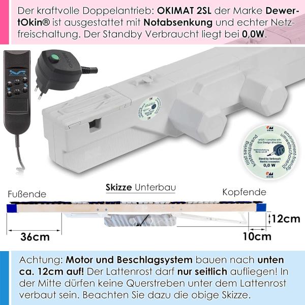 elektrischer Lattenrost 100% BUCHE - Kopf- u. Fußteil elektrisch verstellbar - SCHULTERFRÄSUNG, 7 Zonen, 44 Federleisten, Härteregulierung, Mittelgurt - MOTOR COMFORT 44® - fertig montiert (100x220) Bild 9