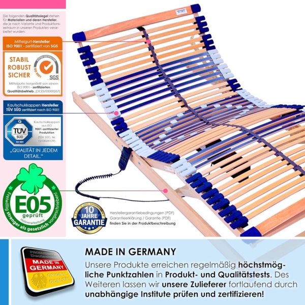 elektrischer Lattenrost 100% BUCHE - Kopf- u. Fußteil elektrisch verstellbar - SCHULTERFRÄSUNG, 7 Zonen, 44 Federleisten, Härteregulierung, Mittelgurt - MOTOR COMFORT 44® - fertig montiert (100x220) Bild 4