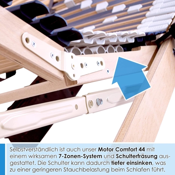 elektrischer Lattenrost 100% BUCHE - Kopf- u. Fußteil elektrisch verstellbar - SCHULTERFRÄSUNG, 7 Zonen, 44 Federleisten, Härteregulierung, Mittelgurt - MOTOR COMFORT 44® - fertig montiert (100x220) Bild 5