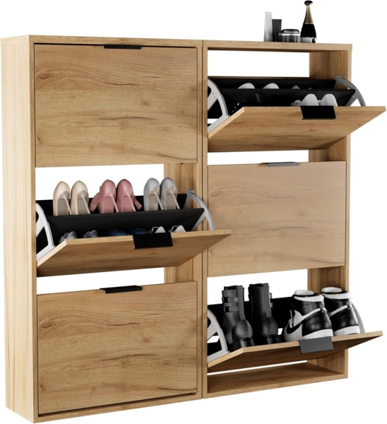 Planetmöbel 2 x Schuhschrank schmal mit 3 Klappen platzsparender Schuhregal mit 6 Ablagen, Schuhkommode für Diele, Flur, Garderobe 60 x 23 x 118 cm, Gold Eiche