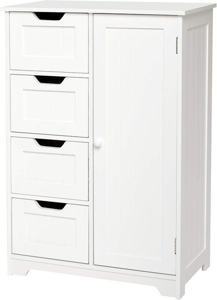 Meerveil Badezimmerschrank mit 4 Schubladen und 1 Tür moderner Stil für Bad Wohnzimmer Schlafzimmer Flur Küche, Weiß, 56 x 30 x 82. 5 cm