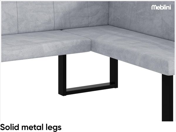 MEBLINI Eckbank für Esszimmer mit ausziehbarem Tisch - Küchenbank - Essecke - Sitzecke Küche - PETER - U-Beine 128x168x87cm Rechts - Hellgrau Samt/M Schwarz Hochgl. Bild 7