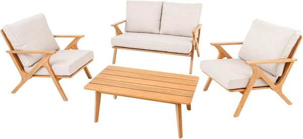 riess-ambiente Loungeset COMFORT LINE natur/beige - Akazie, Massiv, Outdoor-Stoff, wetterfest, (Set, 4-tlg, Gartensofa, 2x Gartensessel, Gartentisch), Pflegeleichte & langlebige Gartenmöbel - ideal f. Balkon oder Terrasse