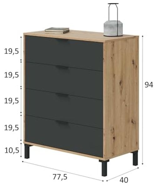 Dmora - Rochester-Kommode, Kommode mit 4 Schubladen, Kommode für das Schlafzimmer, moderne Kommode, 76x40h94 cm, geknotete Eiche und Anthrazit Bild 3