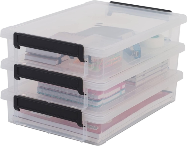 Iris Ohyama, Boxen, Dokumentenorganizer aus Kunststoff, 4 l, 3er-Set, BPA-frei, LLB-A4, transparent, stapelbar, Verschlussklammern B36,5 x T25 x H7 cm