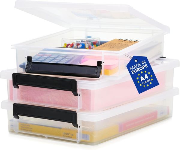 Iris Ohyama, Boxen, Dokumentenorganizer aus Kunststoff, 4 l, 3er-Set, BPA-frei, LLB-A4, transparent, stapelbar, Verschlussklammern B36,5 x T25 x H7 cm