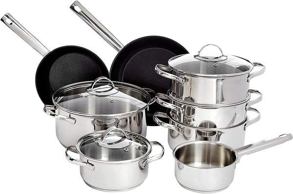 AmazonBasics 11-teiliges Kochgeschirr-Set, Edelstahl, für Induktionsherde, mit Deckeln