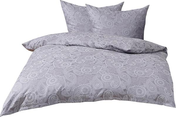 Bettwaesche-mit-Stil Mako-Satin Damast Paisley Bettwäsche "Davos" weiß-grau Garnitur 240x220 + 2x 80x80