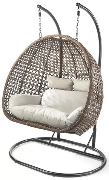 Kobolo Hängesessel BRUNO Polyrattan Gestell und Kissen - zwei Personen (1 Stück, mit Gestell), hochwertiges Polyrattan