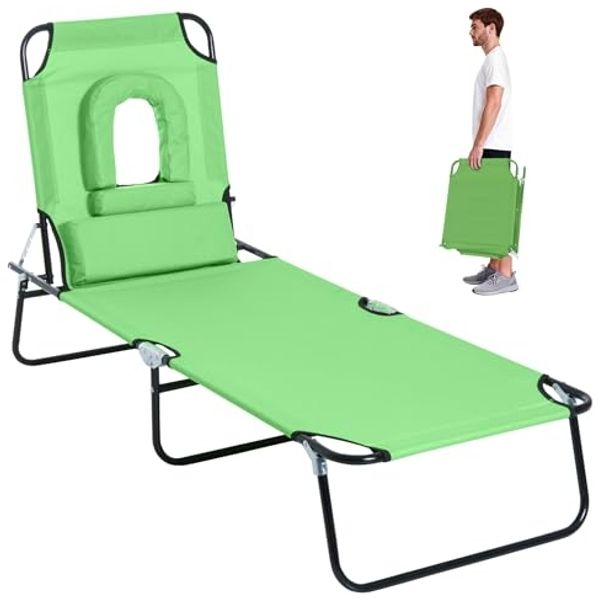 Outsunny Gartenliege mit Lesefenster, Kopfkissen, 4-Fach verstellbare Rückenlehne, Sonnenliege klappbar, 1 St, wetterfeste Liegestuhl, bis 120 kg belastbar, für Garten Strand Pool, Grün
