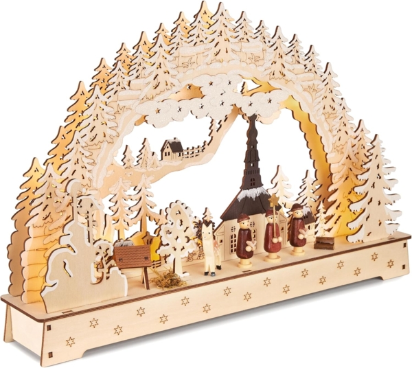 BRUBAKER LED Schwibbogen 3D Lichterbogen - Sternsinger - LED-Beleuchtung mit Batterie und Kabel (1-tlg), Holz Natur - 27 x 40 x 7,5 cm - Handbemalte Figuren Bild 1