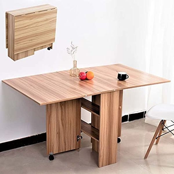 BAKAJI ZFT-2 Multifunktionaler PC-Tish, Mobiler Klapptisch, Klappbarer Esstisch Geeignet für kleine Räume mit 2 Ablagen für Esszimmer und Küche, Roteiche , 140 x 80 x 74 cm