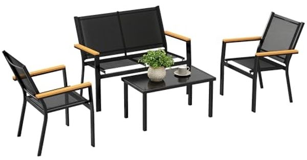 Outsunny Sitzgruppe für 4 Personen mit 2er Sofa Stuhl Beistelltisch, (Gartenlounge, 4-tlg, Gartenmöbel Set), für Garten Balkon Schwarz