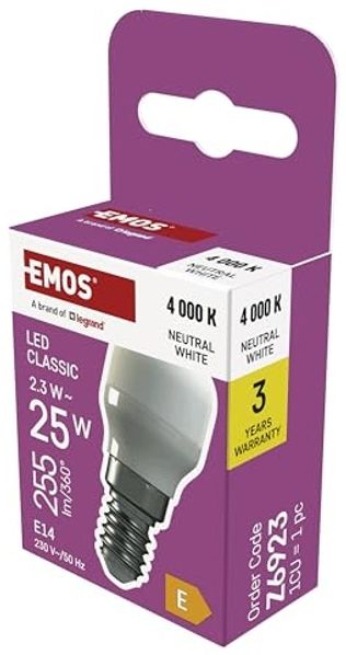 EMOS - LED Kühlschranklampe, 2,3W-LED Lampe Ersatz für 25W-Glühbirne - LED-Birne mit E14 Sockel, Helligkeit 255 Lumen, neutralweiße Lichtfarbe 4000 K - 25 000h Lebensdauer, 200° Abstrahlwinkel, 230 V