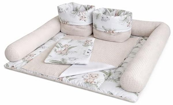 Wickelauflage Set 6-teilig – Wickelunterlage aus Baumwolle & Waffelstoff – Baby Wickelauflage – Geschenk zur Babyparty – Wickeltischauflage – 75x72 cm (Breite x Tiefe), Safari und hellbeige