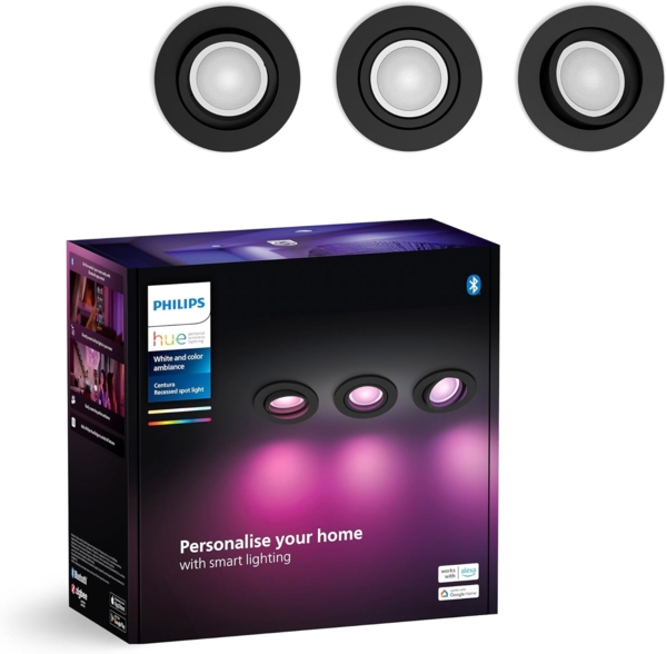 Philips Hue White & Color Ambiance Centura runde Einbauspots 3-er Pack, dimmbare Deckenlampen für das Hue Lichtsystem mit 16 Mio. Farben, smarte Lichtsteuerung über Sprache und App, schwarz