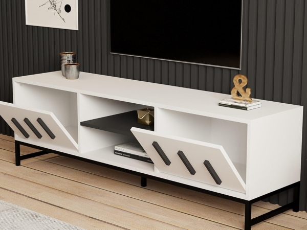 Hanah Home Modern White TV Stand, 160 cm, 100% Melamine Coated Particle Board, 18 mm Thick | Wall-Mountable, Multiple Shelves, Stylish & Functional Design Bild 3