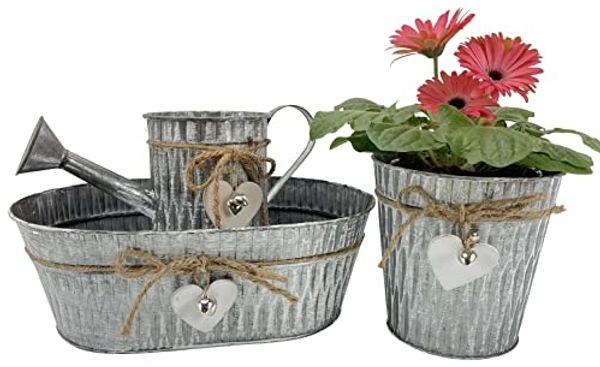 Online-Fuchs Blumentopf 3er Set mit Herz & Anhänger, Übertopf Blumenkasten Kräuter P75, Metall Optik Gießkann, oval und rund