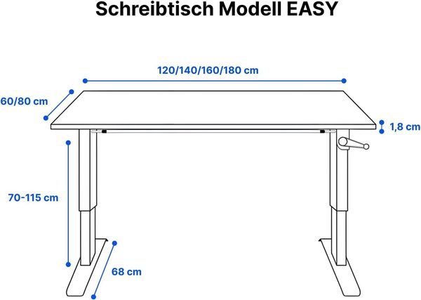 manuell höhenverstellbarer Schreibtisch EASY 180 x 80 cm - Gestell Schwarz, Platte Weiss Bild 3